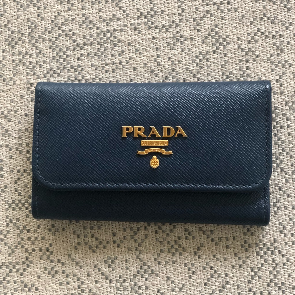 Prada Blue And Gold Saffiano Leather Key & Card Holder